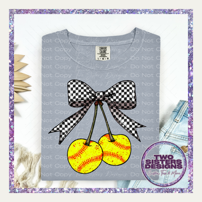 Checkered Bow Cherry Softball Apparel