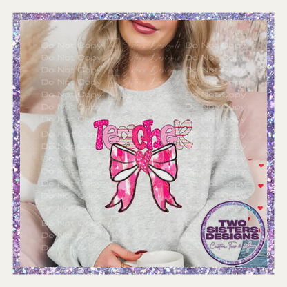 Teacher Pink Brushstroke Bow Apparel