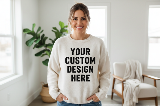 a woman wearing a sweater that says your custom design here 