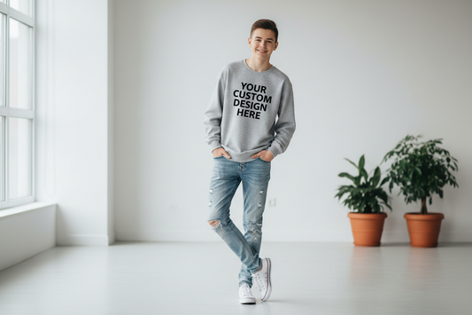 create an image of a teenager wearing a crewneck sweater that says your custom design here