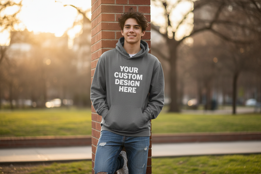 create an image of a teenager wearing a hoodie that says your custom design here