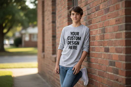 create an image of a teenager wearing a long sleeve that says your custom design here
