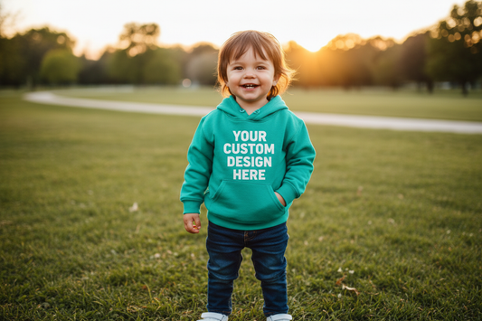 create an image of a toddler wearing a solid color hoodie that says your custom design here