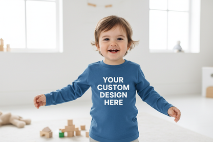 create an image of a toddler wearing a solid color long sleeve that says your custom design here