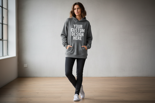 Create an image of a woman wearing a hoodie that says your custom design here