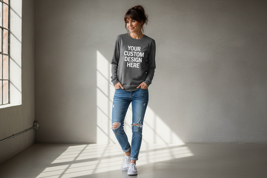 Create an image of a woman wearing a long sleeve that says your custom design here