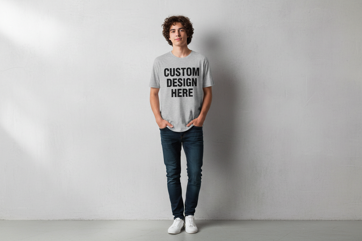 make a mockup of a teenager wearing a shirt that says custom design here