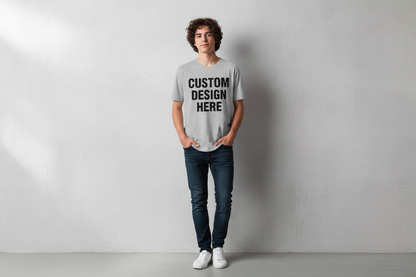make a mockup of a teenager wearing a shirt that says custom design here